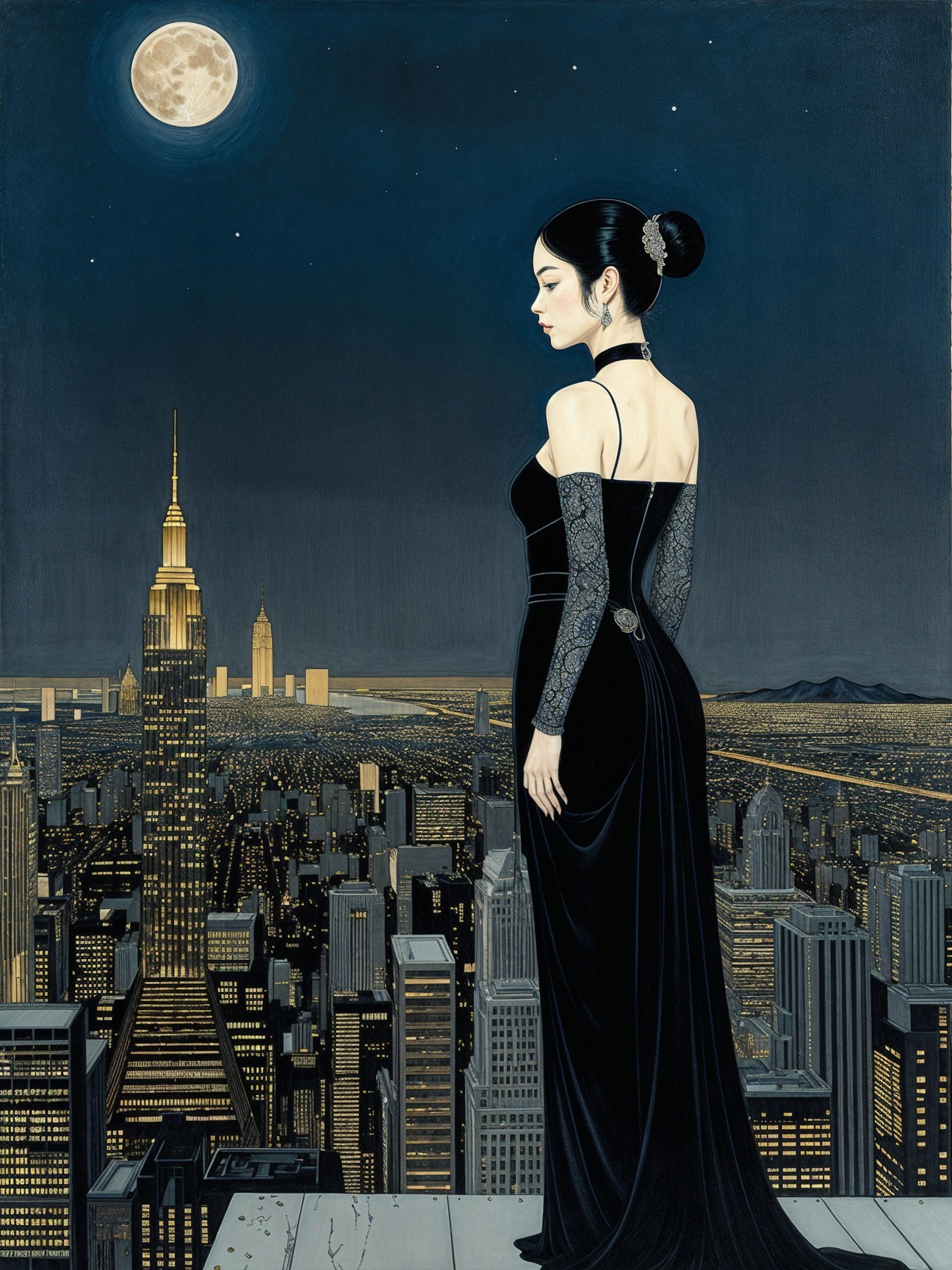 Woman in Black Gown Overlooking City Skyline at Night