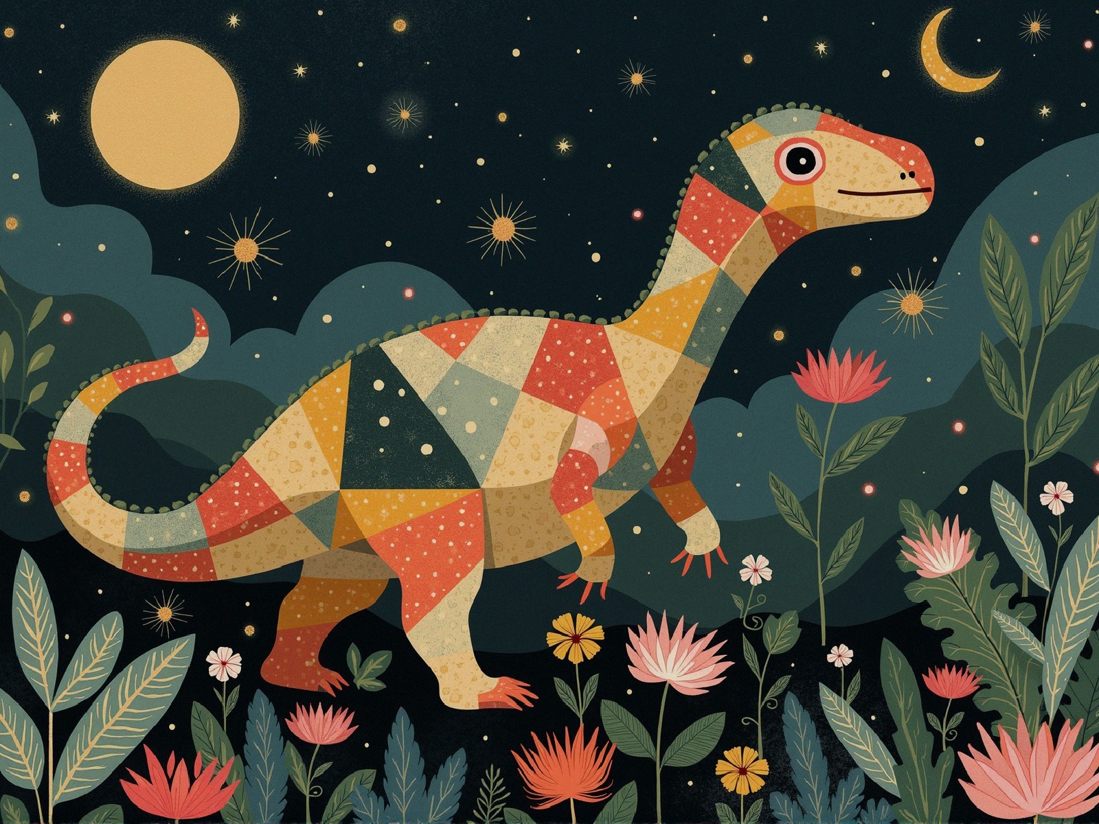 Colorful Whimsical Dinosaur Illustration with Night Sky