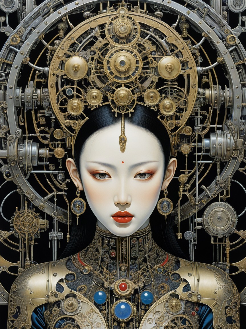 Futuristic figure in steampunk-inspired setting