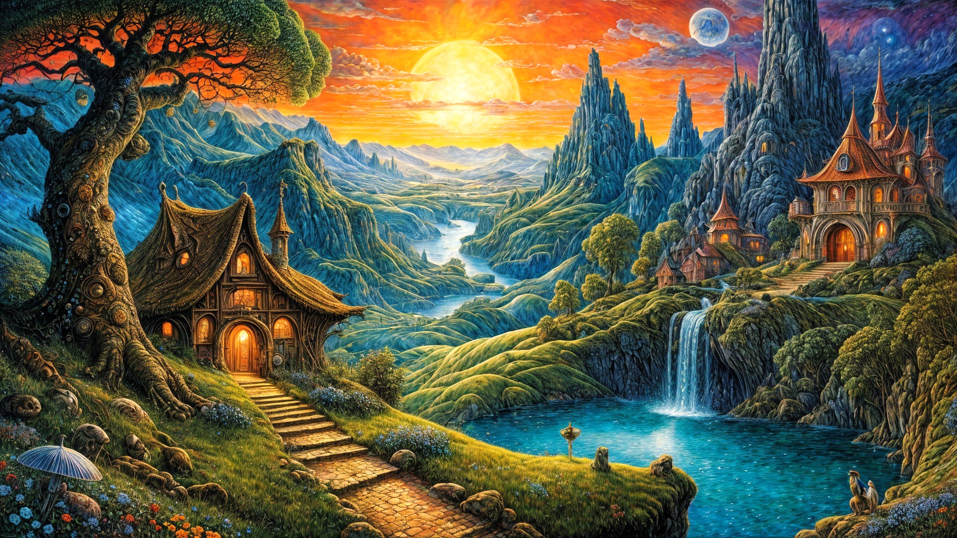 Vibrant Fantasy Landscape with Sunset and Waterfall