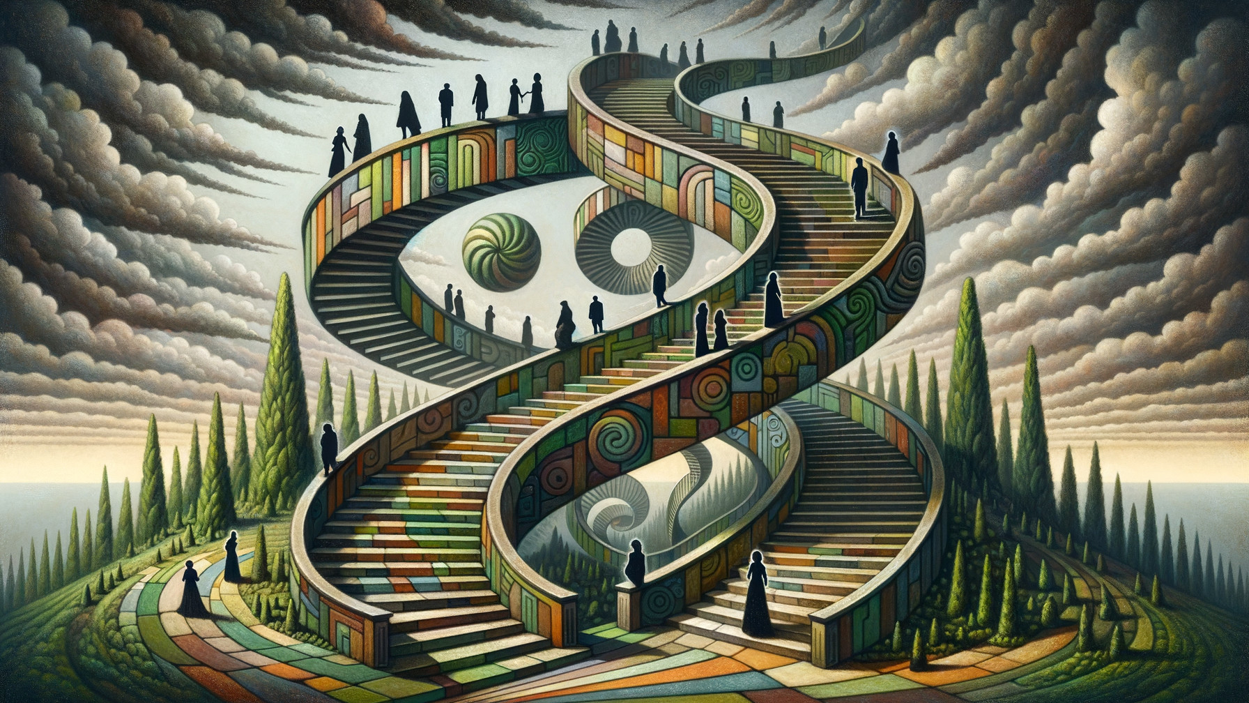 Surreal Landscape with Intertwined Colorful Staircases