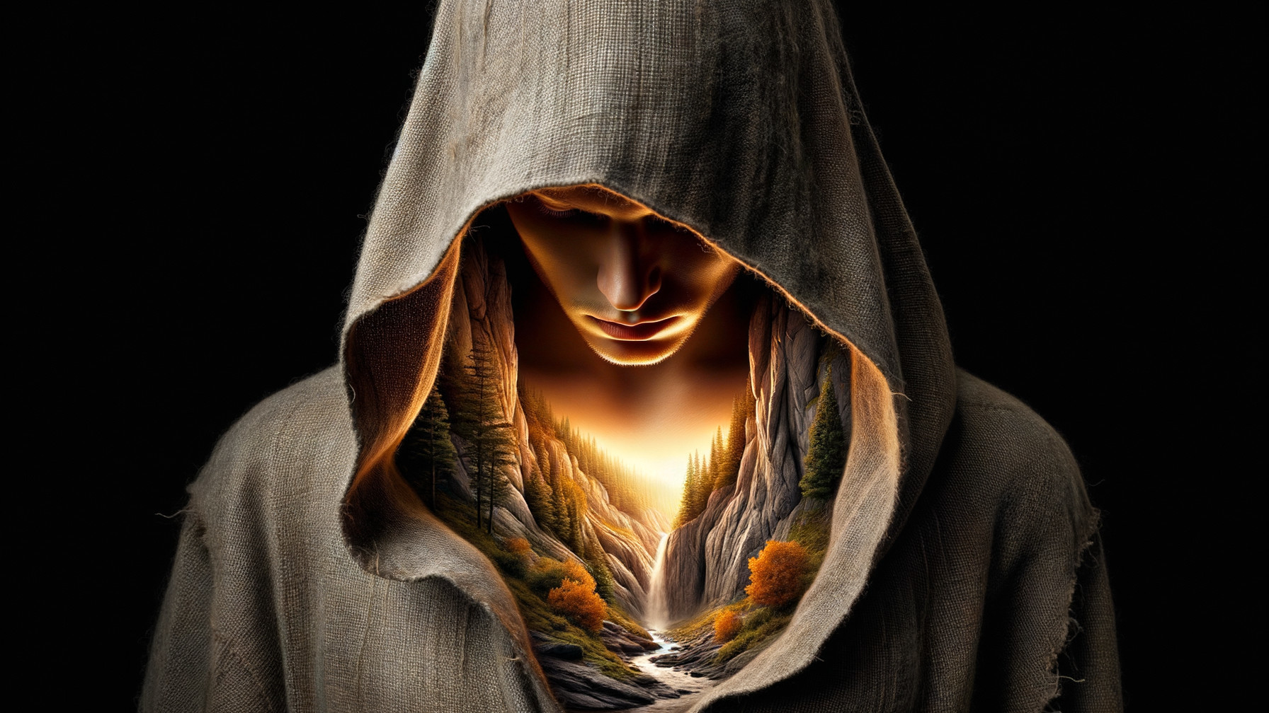 Cloaked Figure with Vibrant Landscape in Chest