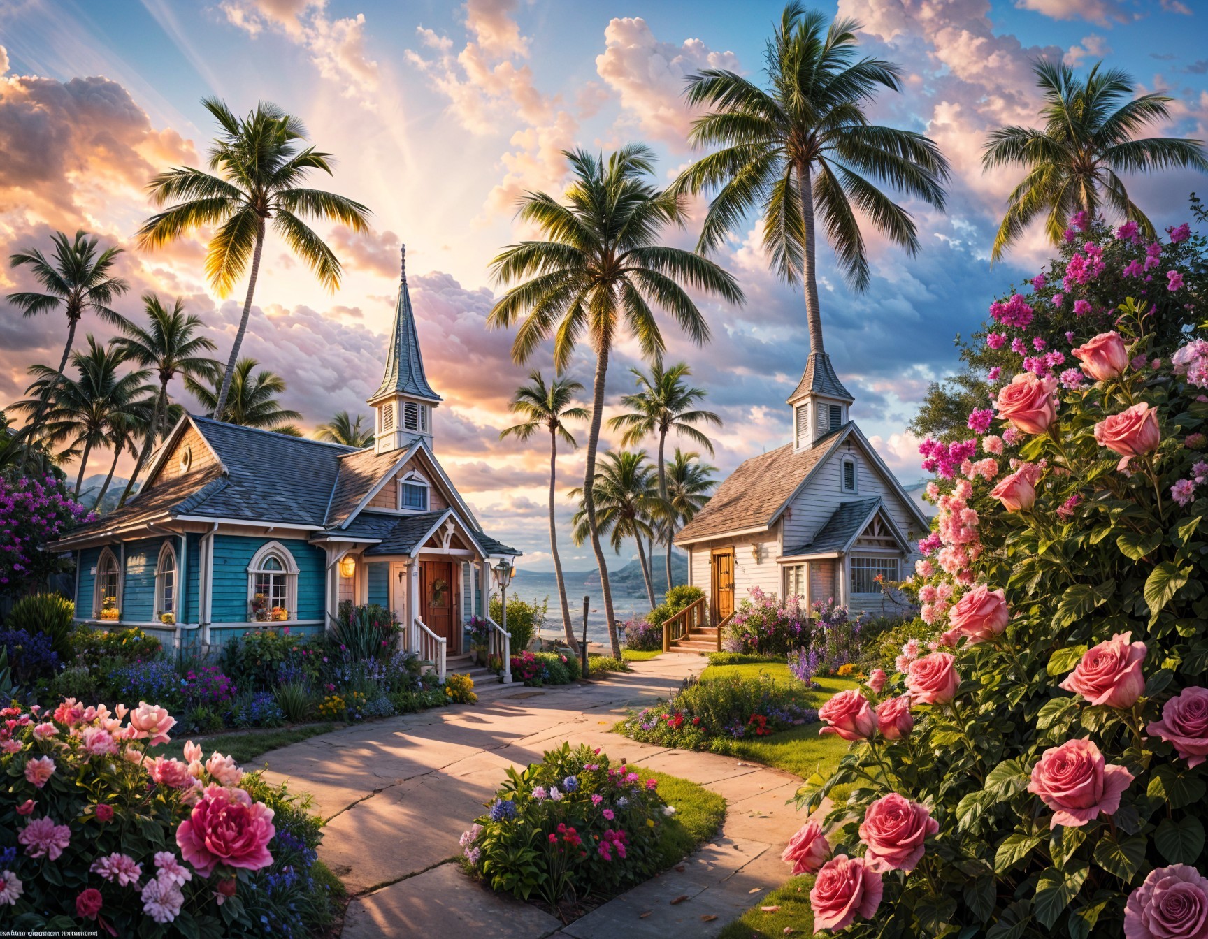 Charming Cottages Amid Vibrant Gardens and Sunset