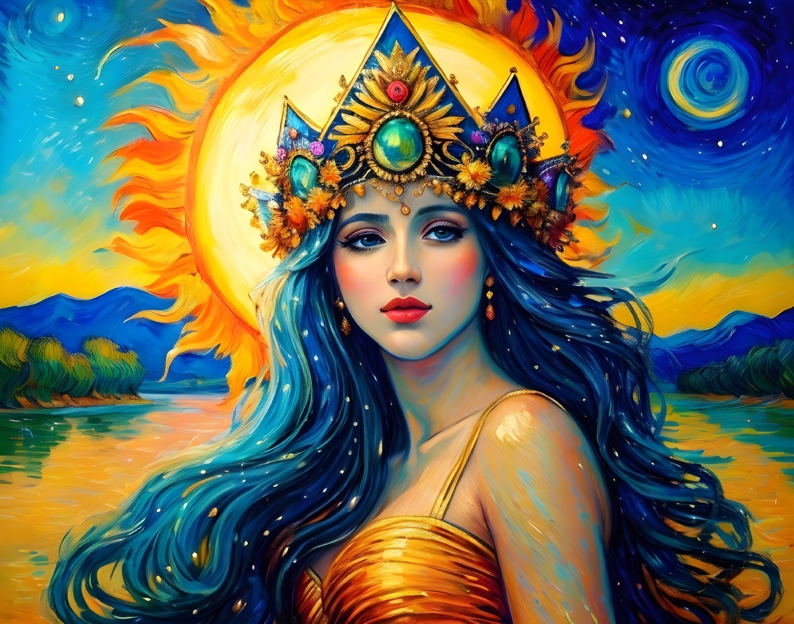 Serene Woman with Blue Hair and Golden Dress in Nature