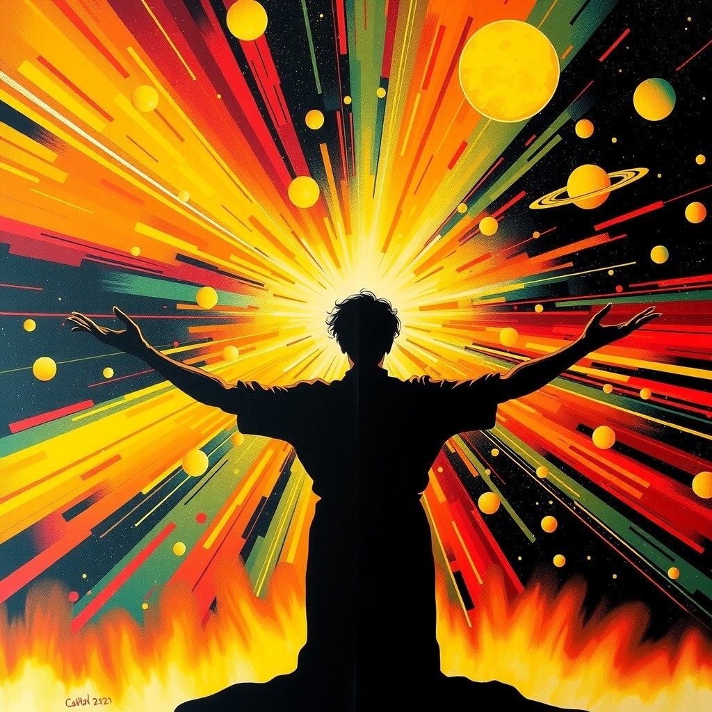 Colorful Cosmic Explosion with Central Silhouetted Figure