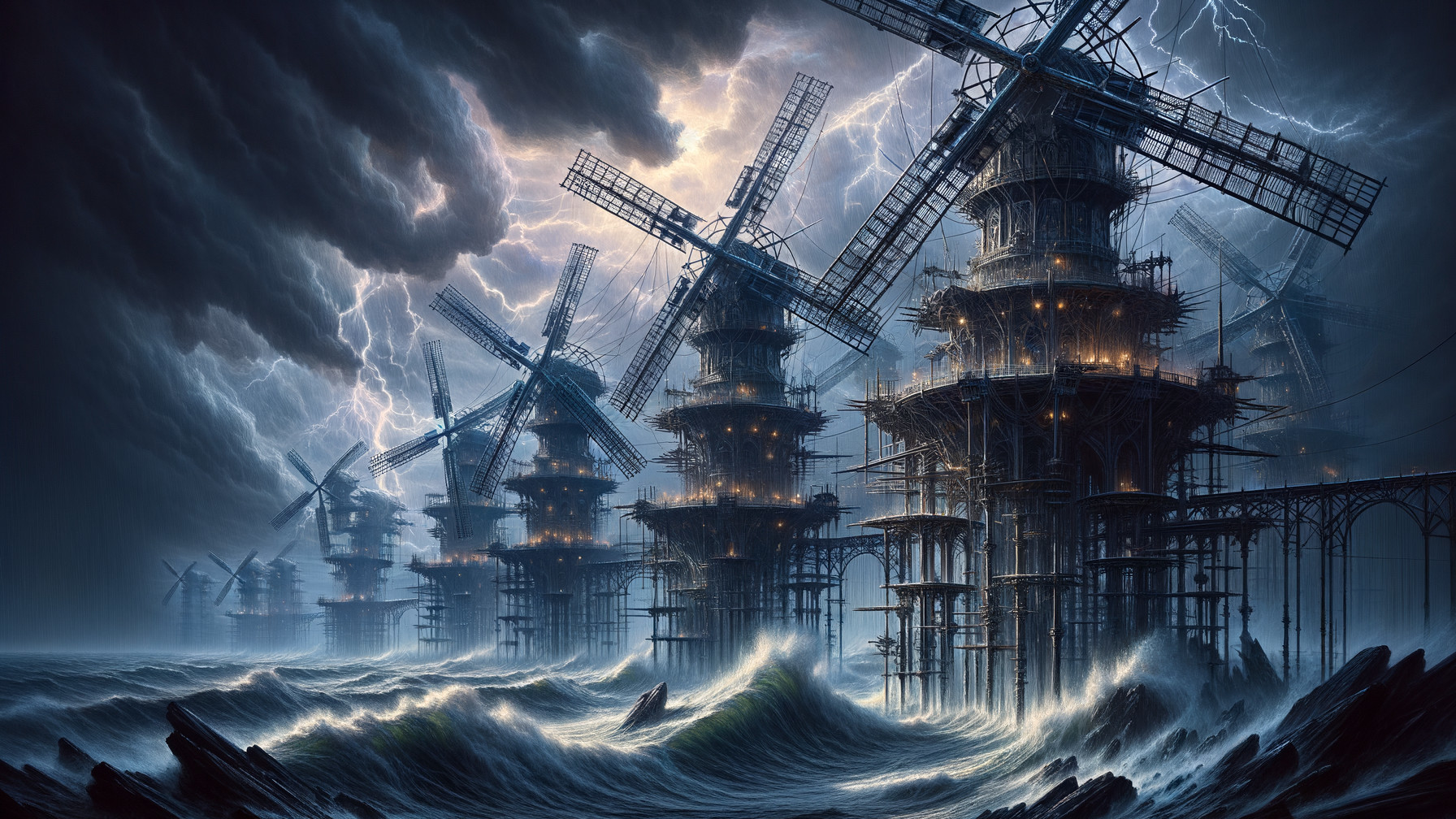 Dramatic Seascape with Windmills and Stormy Skies