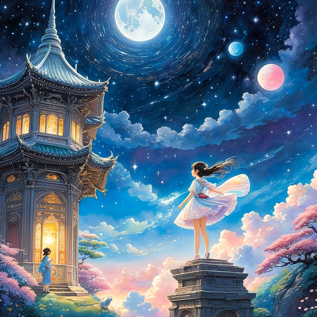 Celestial Landscape with Girl, Moon, and Cherry Trees