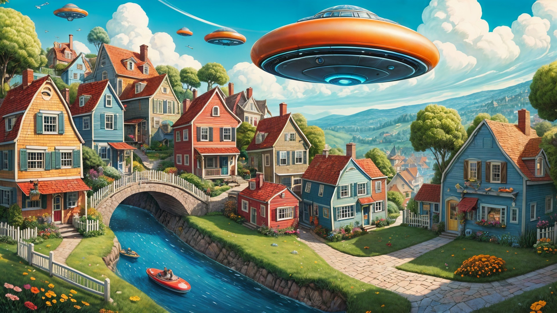 Quaint Neighborhood with Colorful Houses and UFO