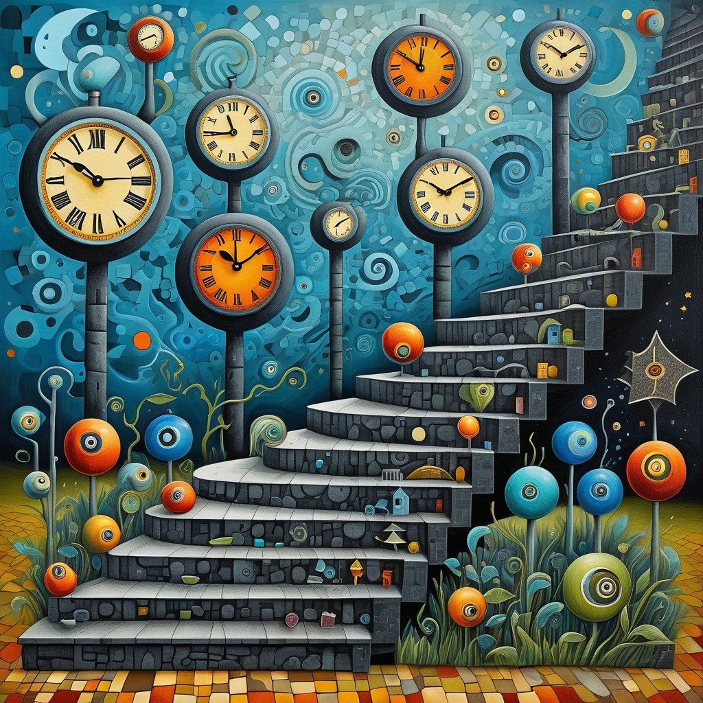 Whimsical Staircase with Colorful Clocks and Flowers