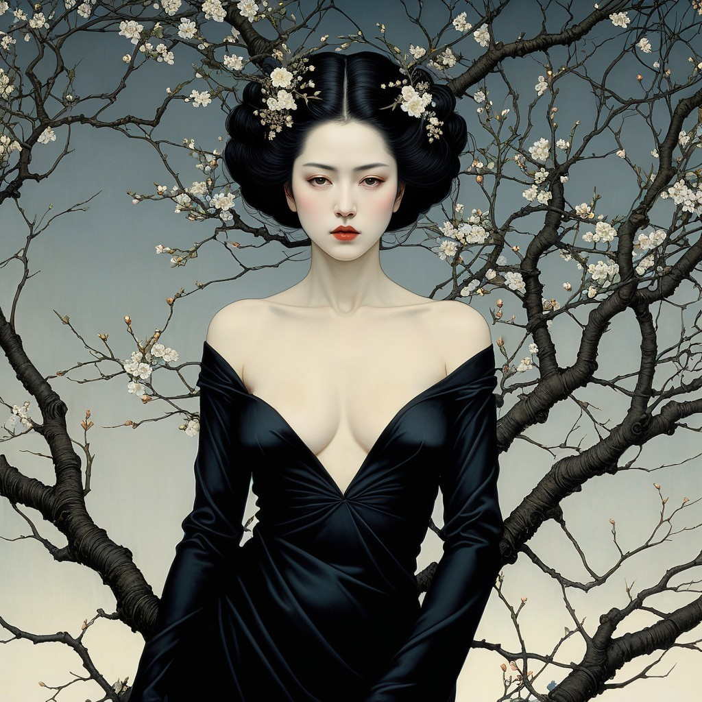 Portrait of a woman in black attire with floral accents