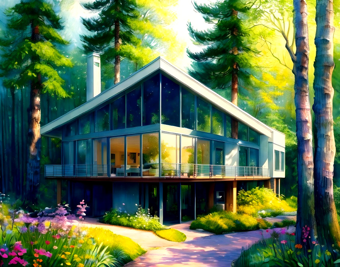 Modern House Surrounded by Pine Trees and Flowers