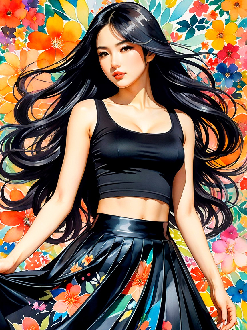 Young Woman in Floral Backdrop with Stylish Outfit