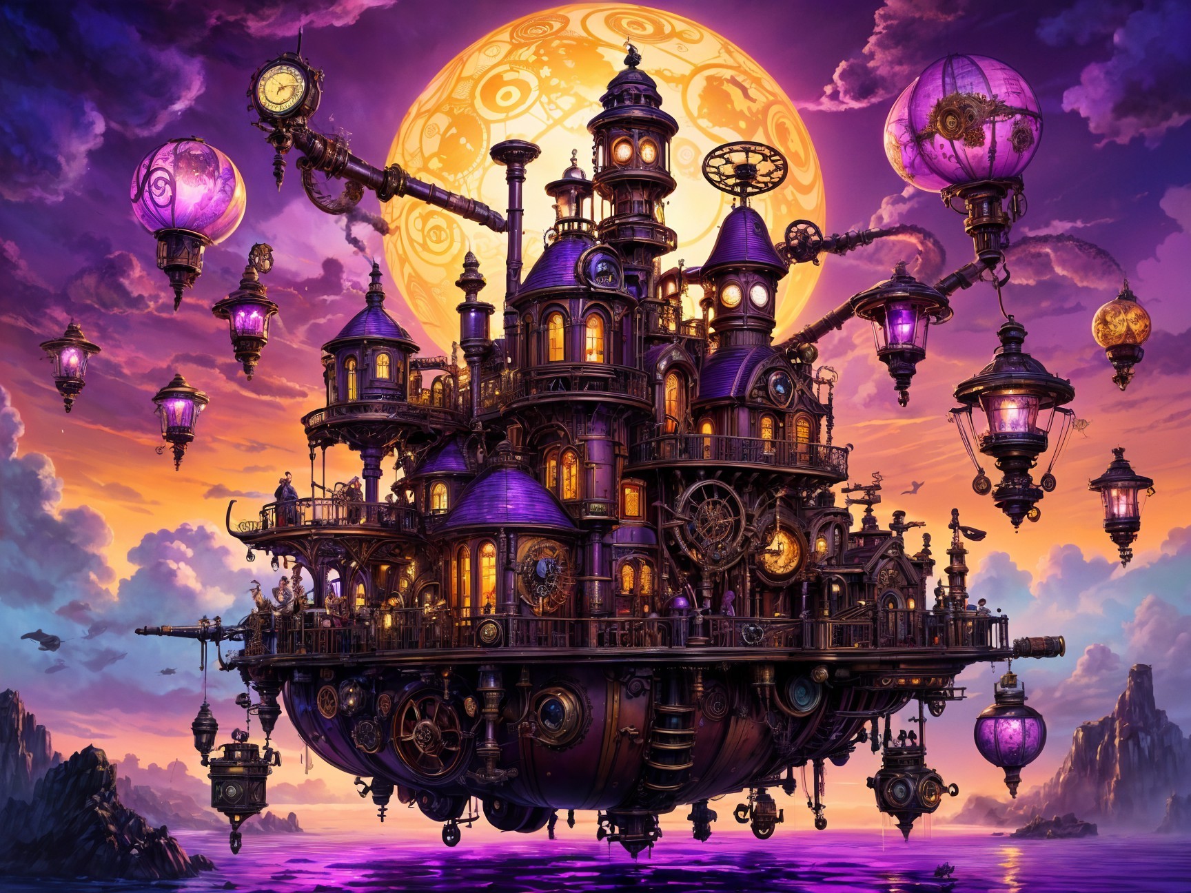 Fantastical Airship City in Vibrant Sunset Sky