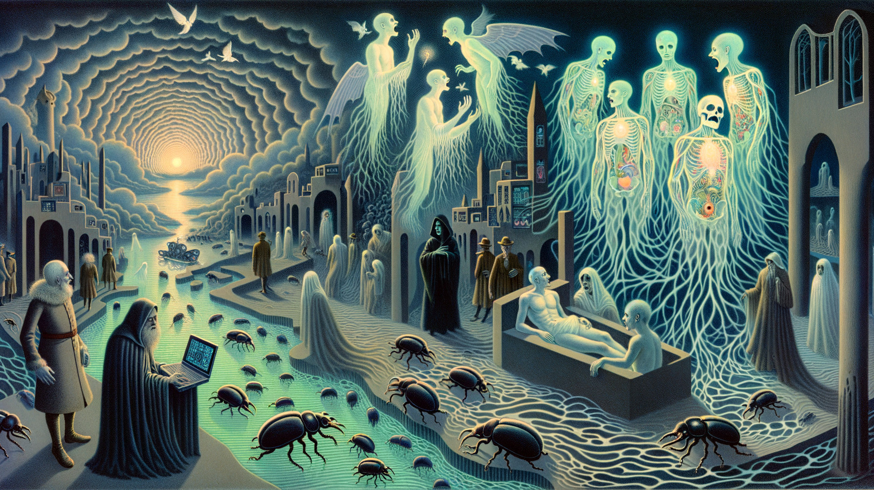 Surreal Scene with Ethereal Figures and Dreamlike Landscape