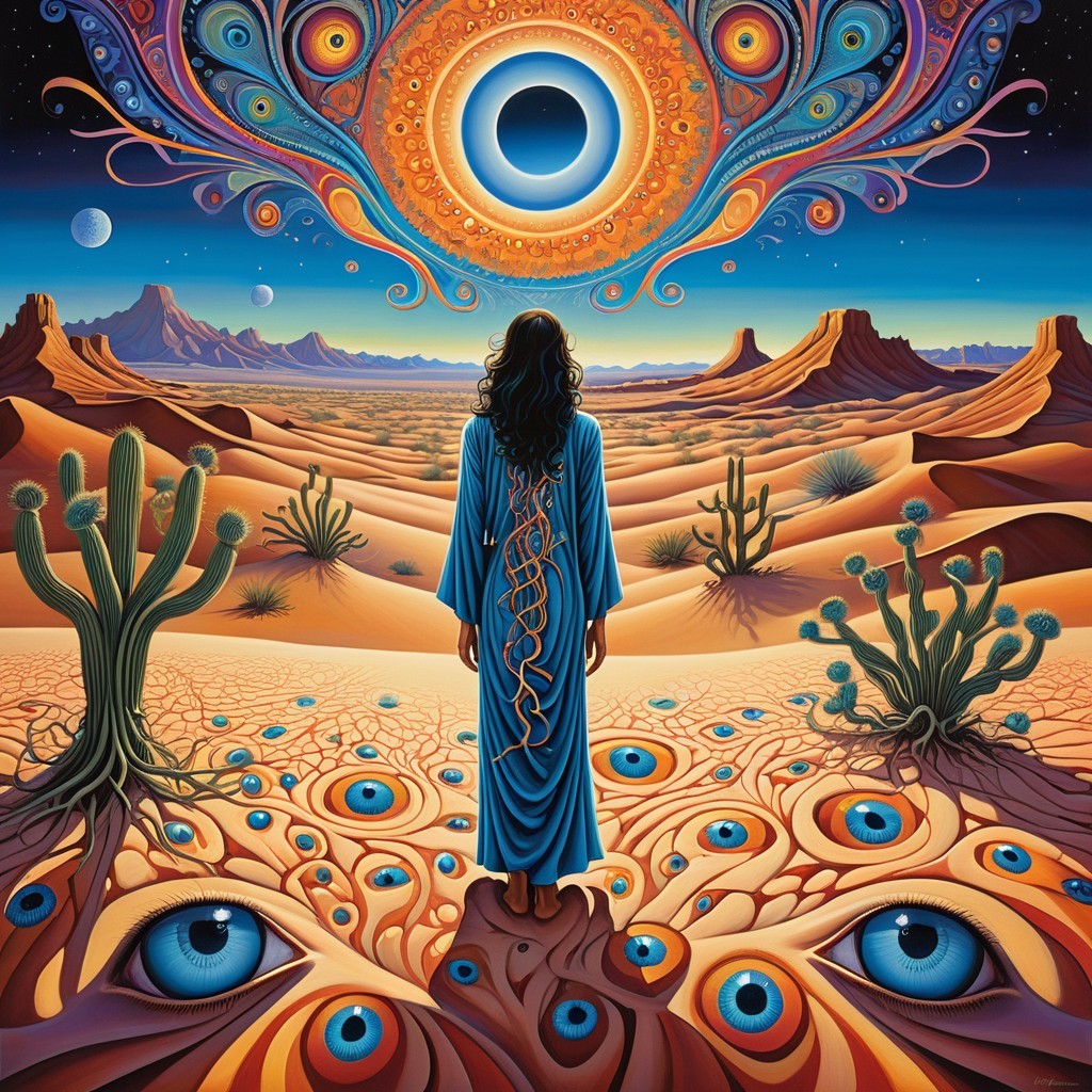Surreal Desert Landscape with Celestial Eclipse Elements