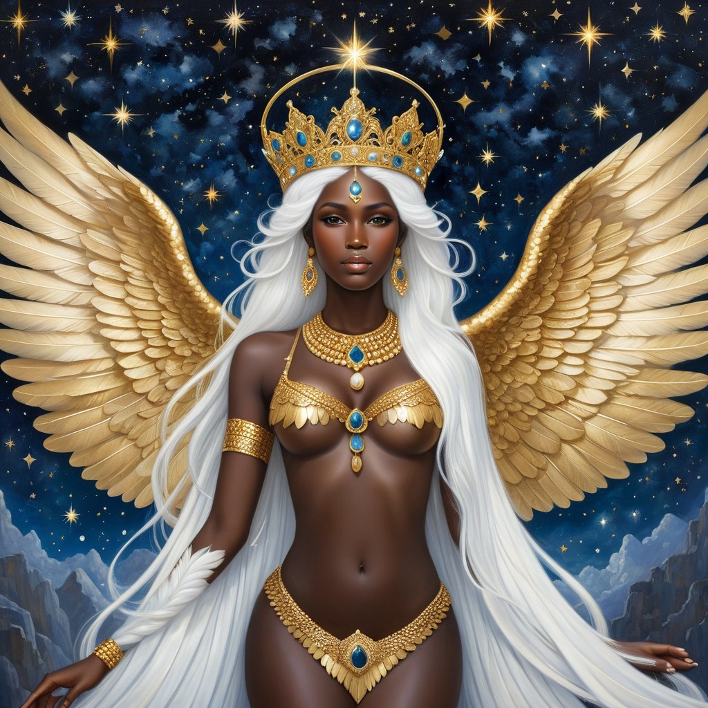 Majestic Figure with Golden Wings Against Cosmic Stars