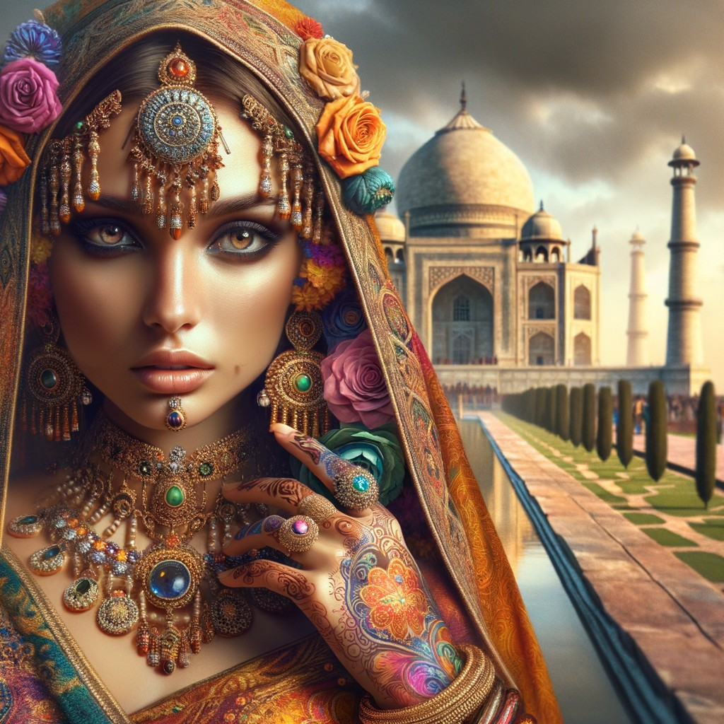 Woman in Traditional Attire by the Taj Mahal