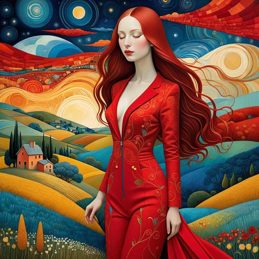 Vibrant Red Suit Against Colorful Landscape Scene