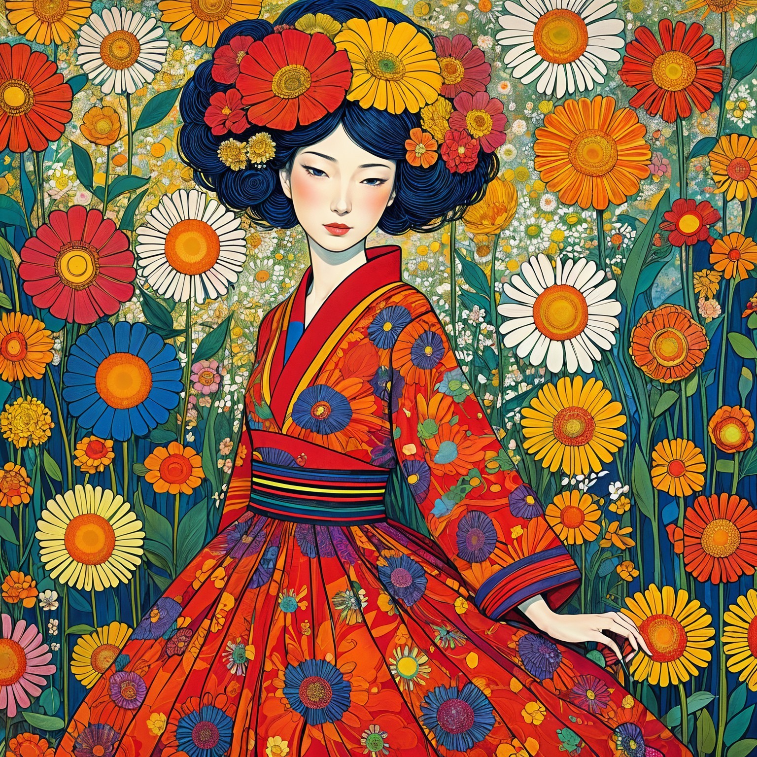 Young Woman in Floral Kimono Surrounded by Flowers