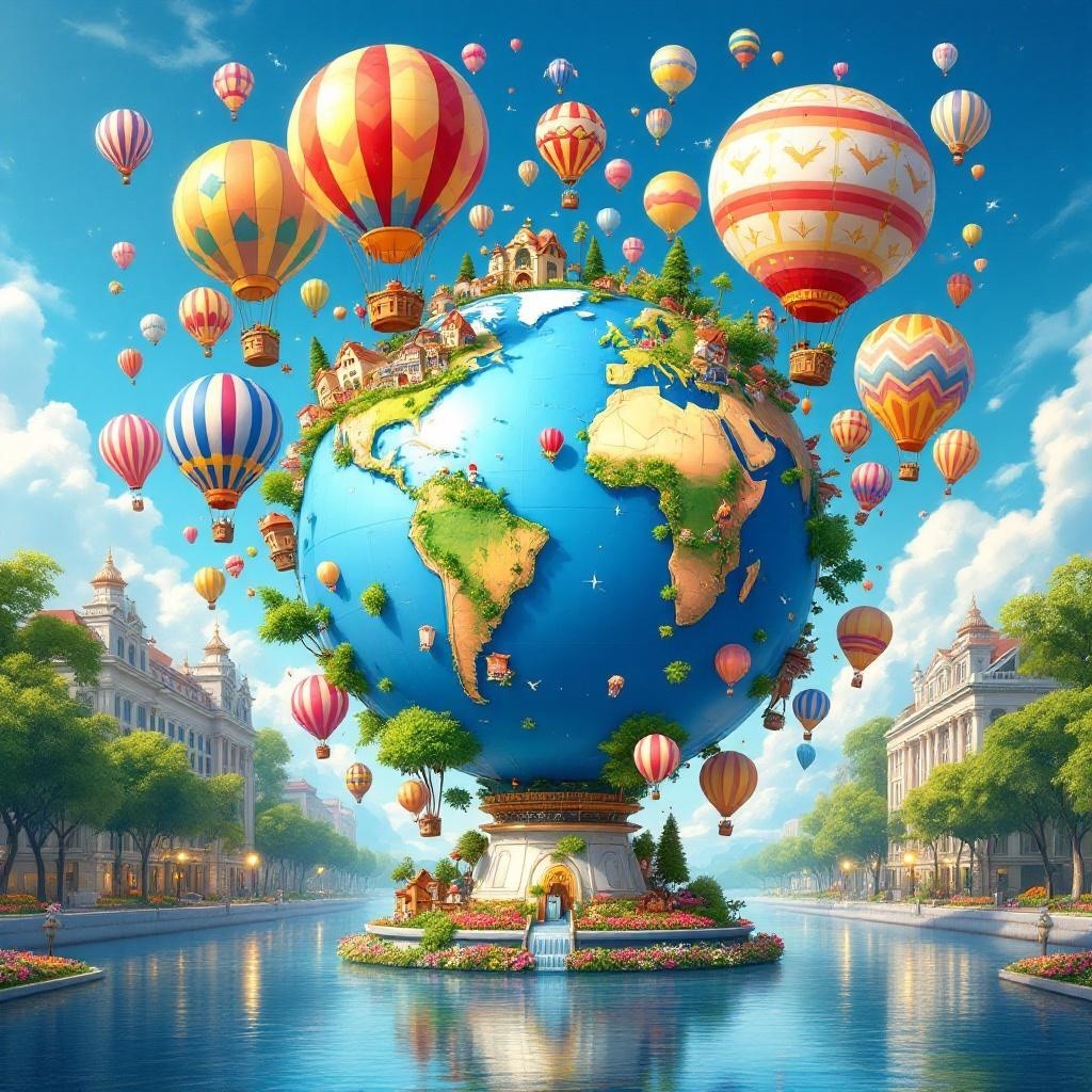 Whimsical Globe with Miniature Landscapes and Balloons