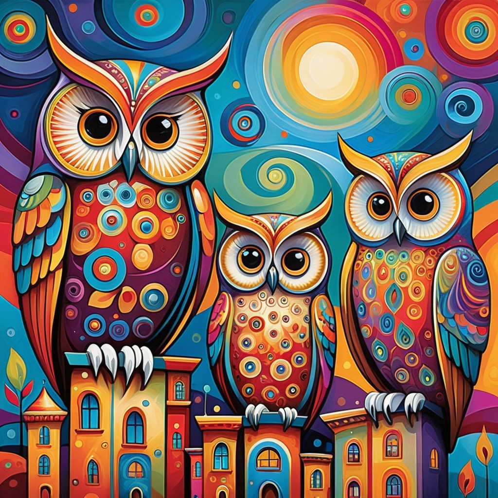 Colorful Owls on Stylized Buildings in Whimsical Scene