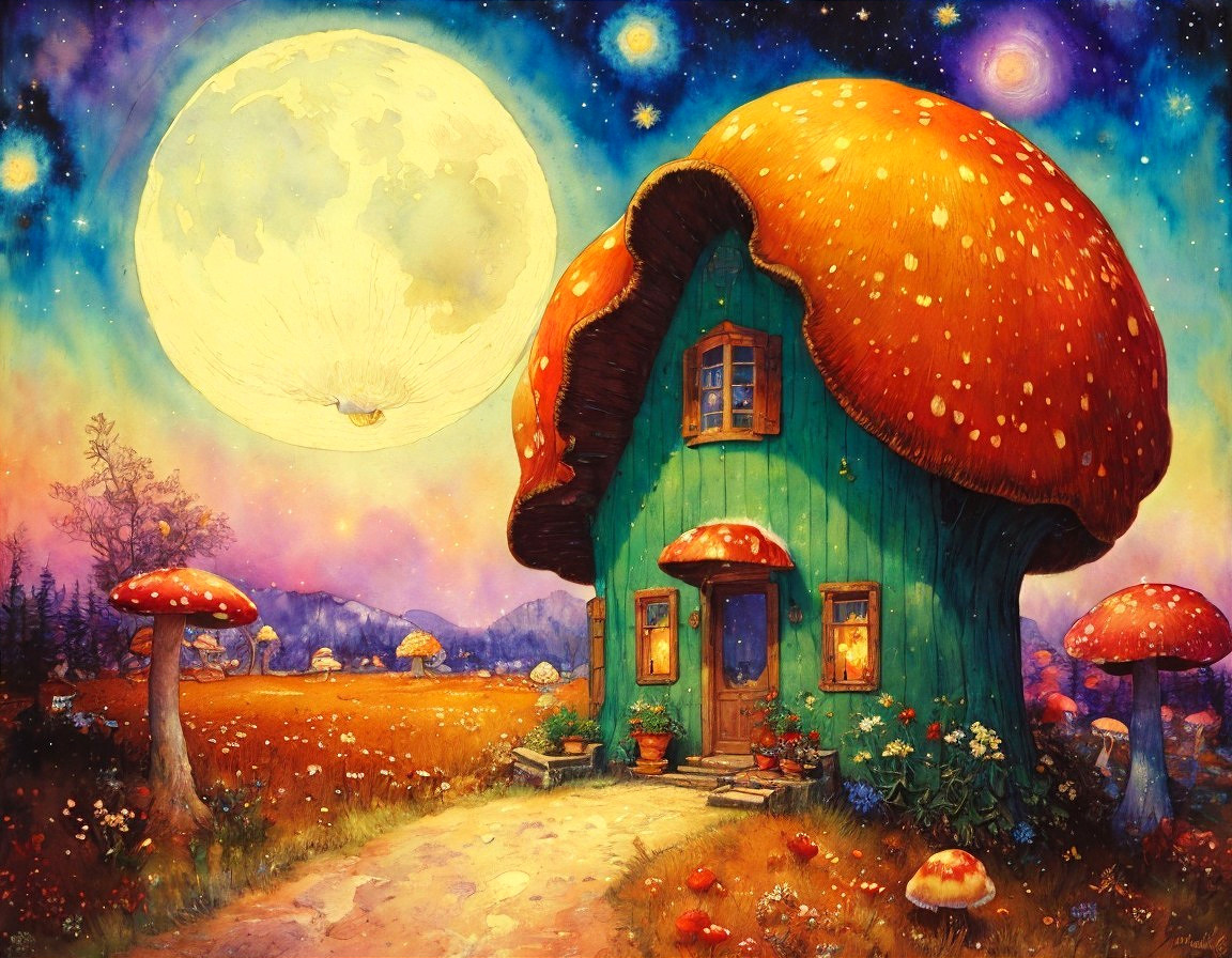 Colorful cottage with mushroom roof under starry night