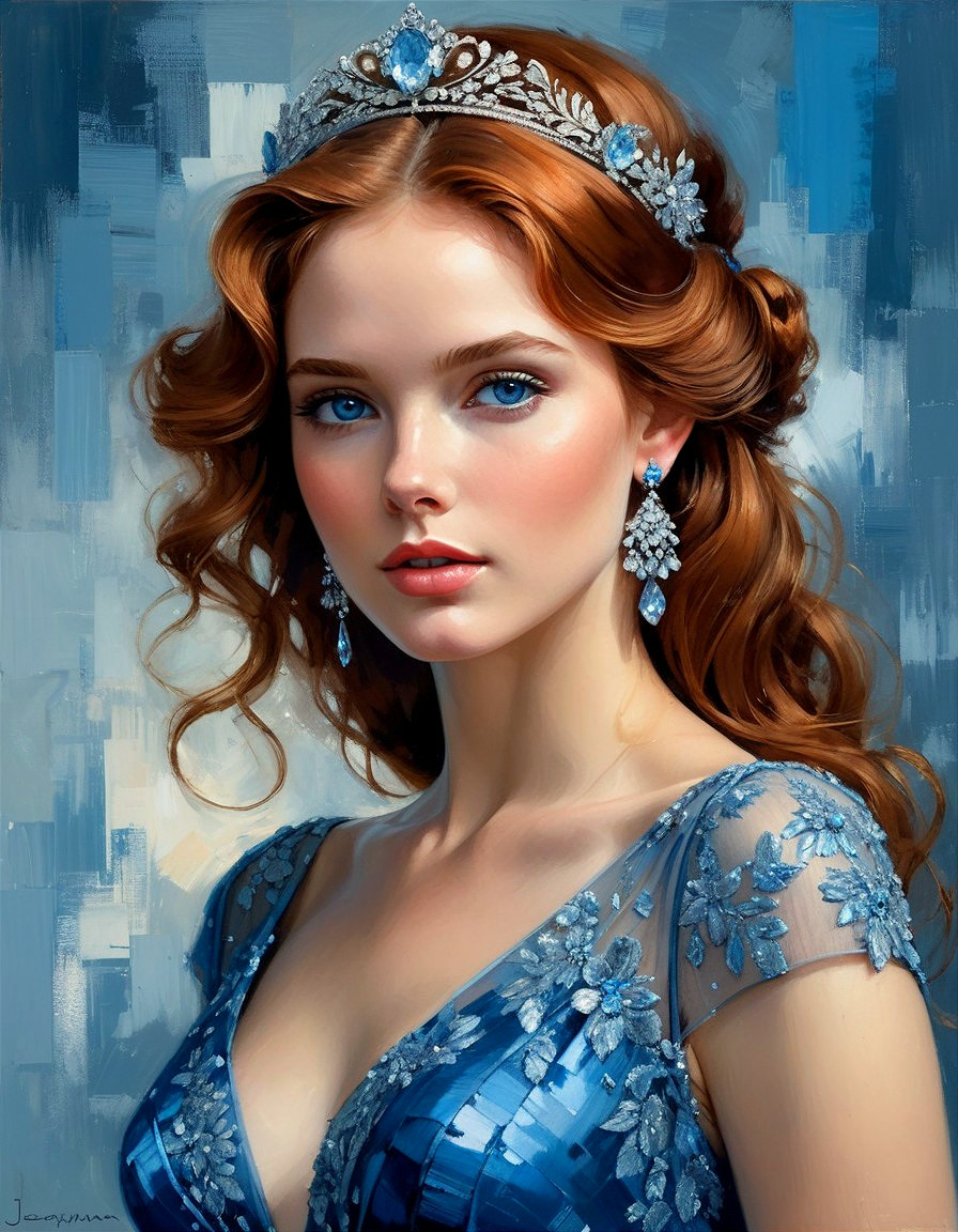 Young woman in blue gown with red hair and tiara