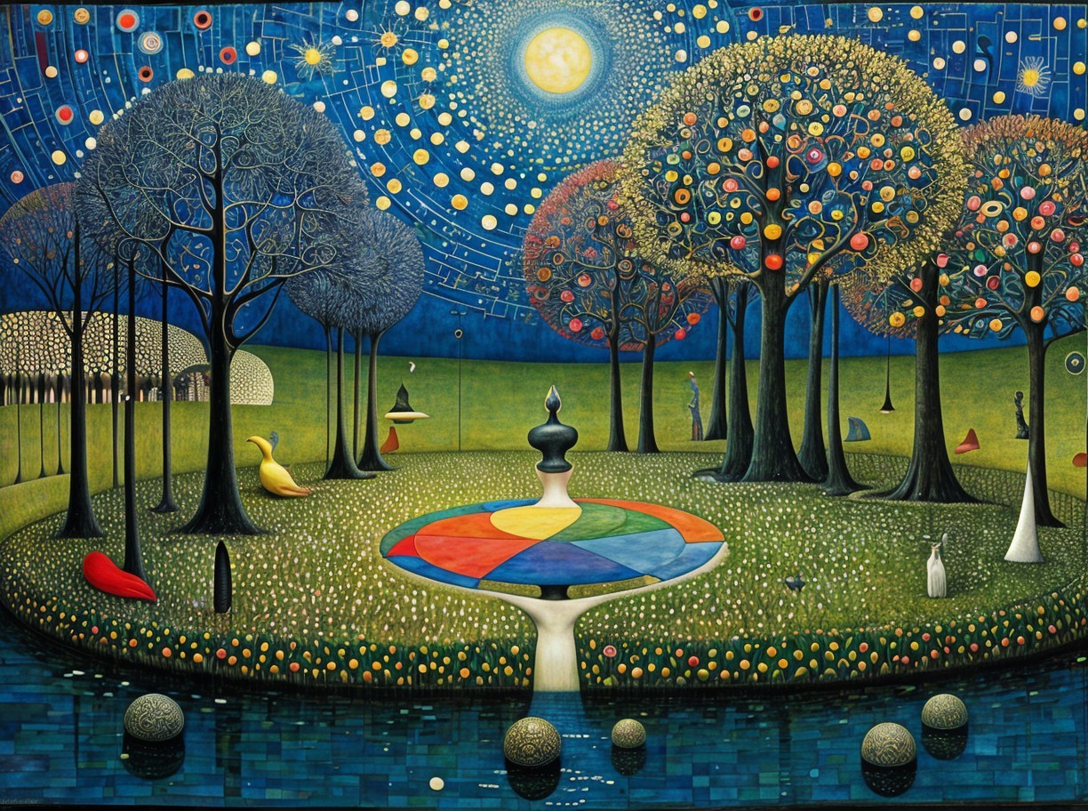 Surreal Landscape with Fountain and Colorful Trees