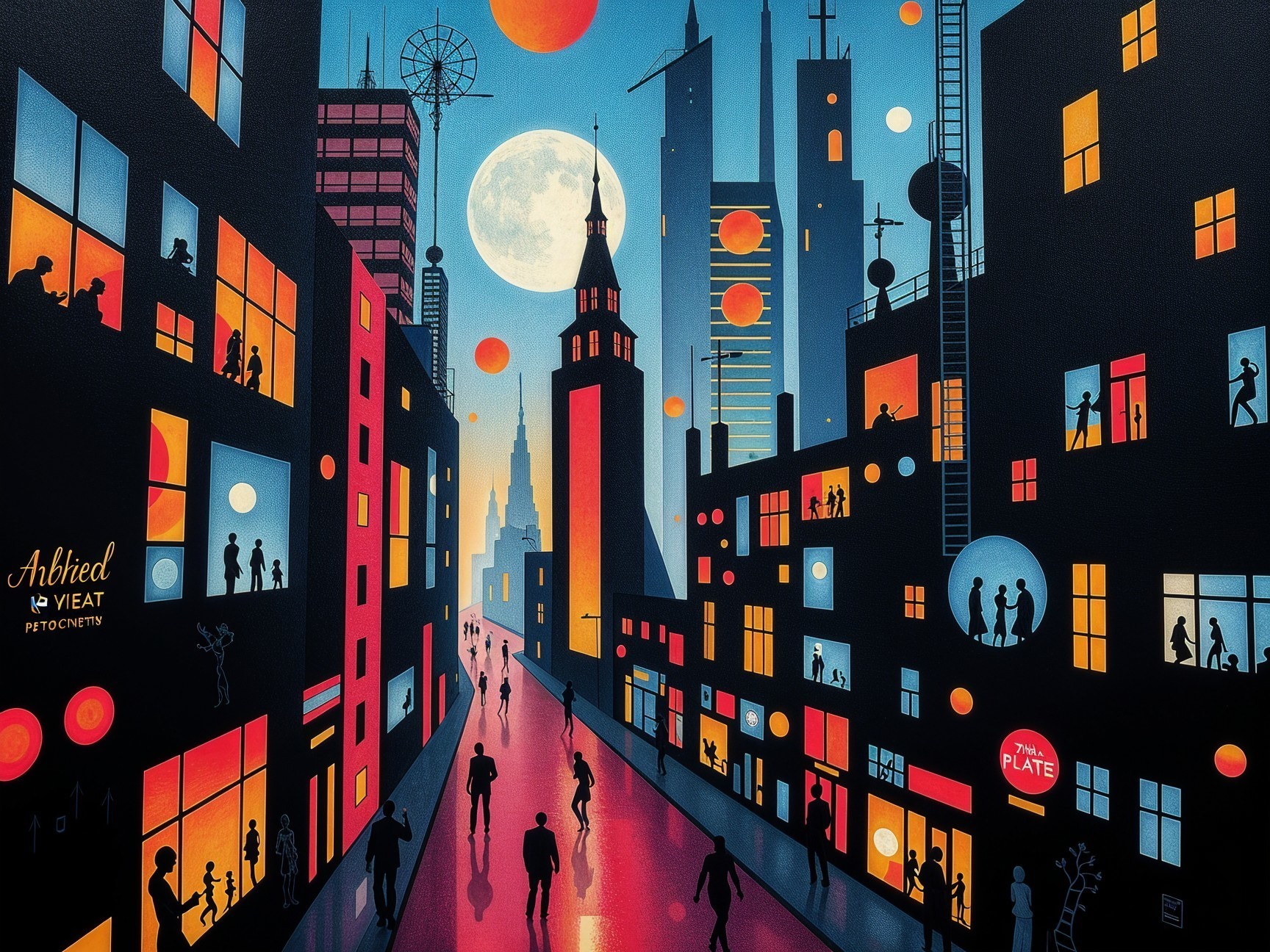 Vibrant cityscape at dusk with glowing buildings and moon