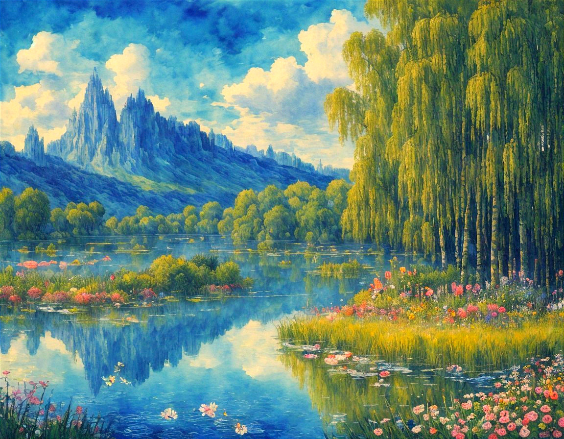Tranquil Lake Surrounded by Mountains and Greenery