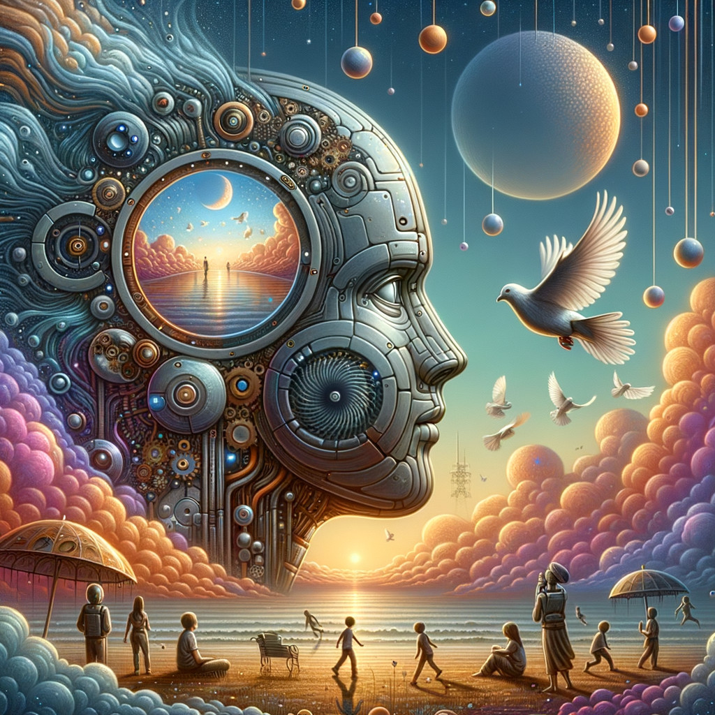 Surreal Landscape with Metallic Face and Celestial Elements
