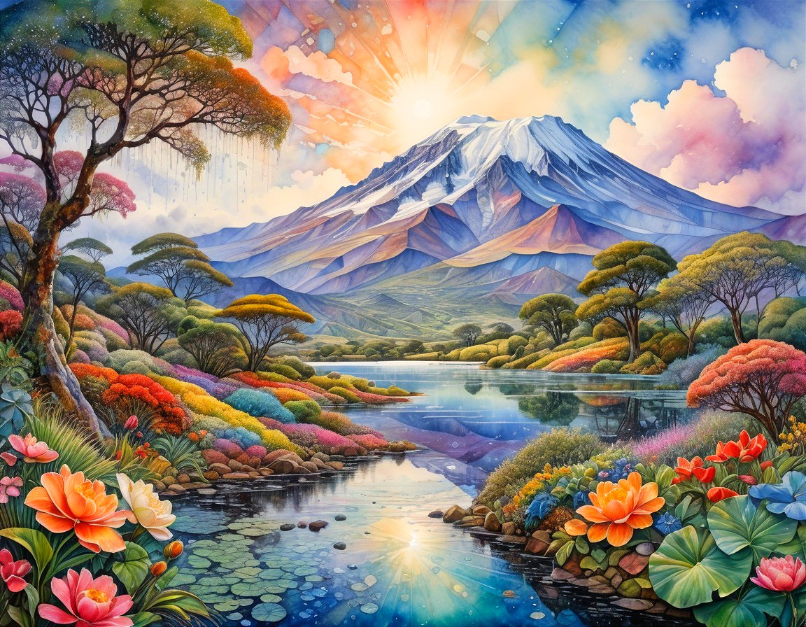 Vibrant Landscape with Snow-Capped Mountain and Lake