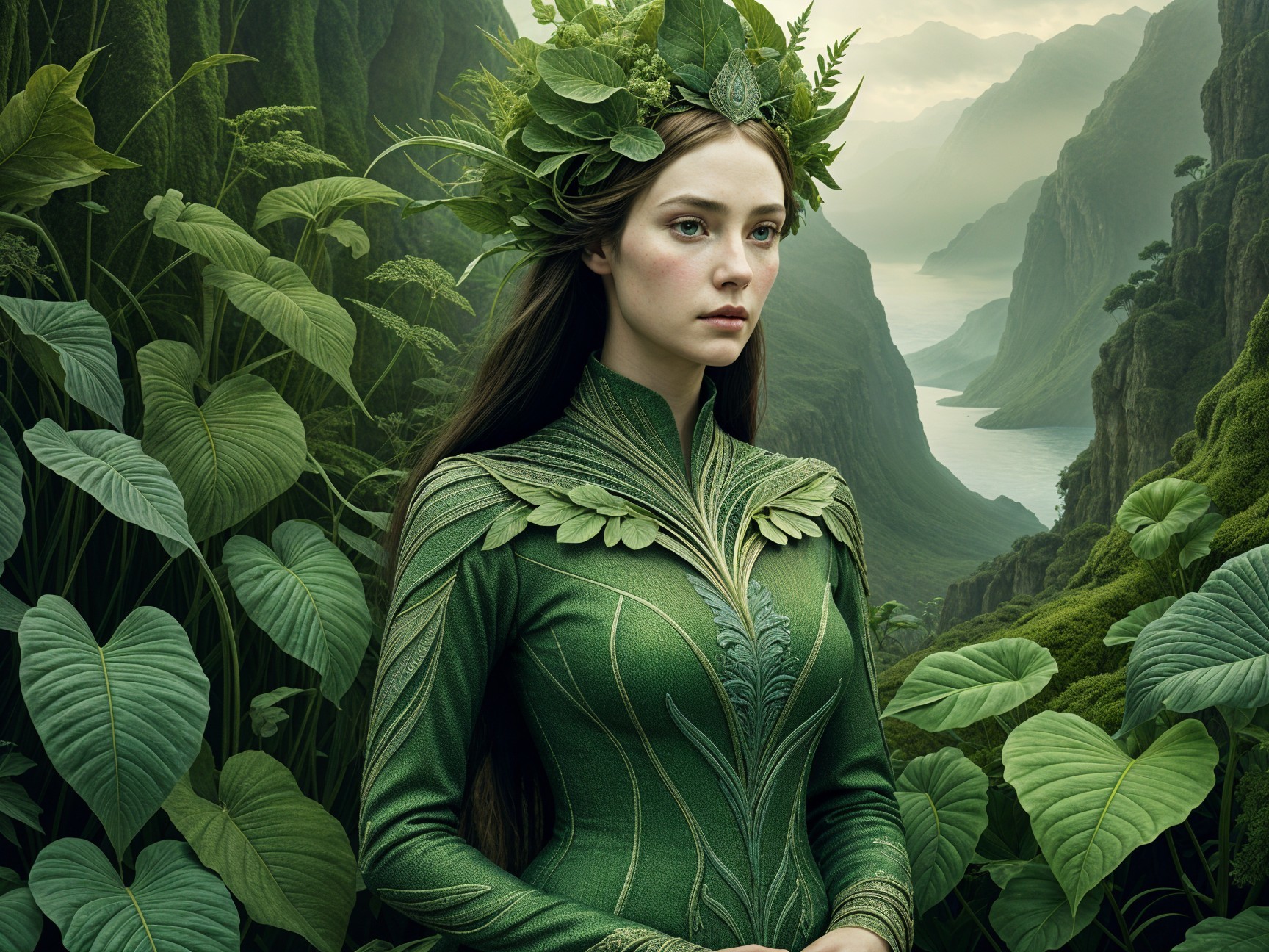 Serene Figure in Green Gown Surrounded by Nature