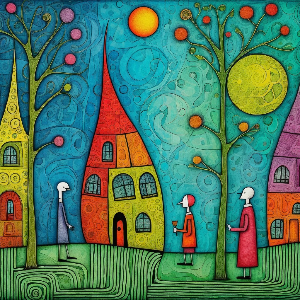 Whimsical Scene with Colorful Houses and Playful Trees