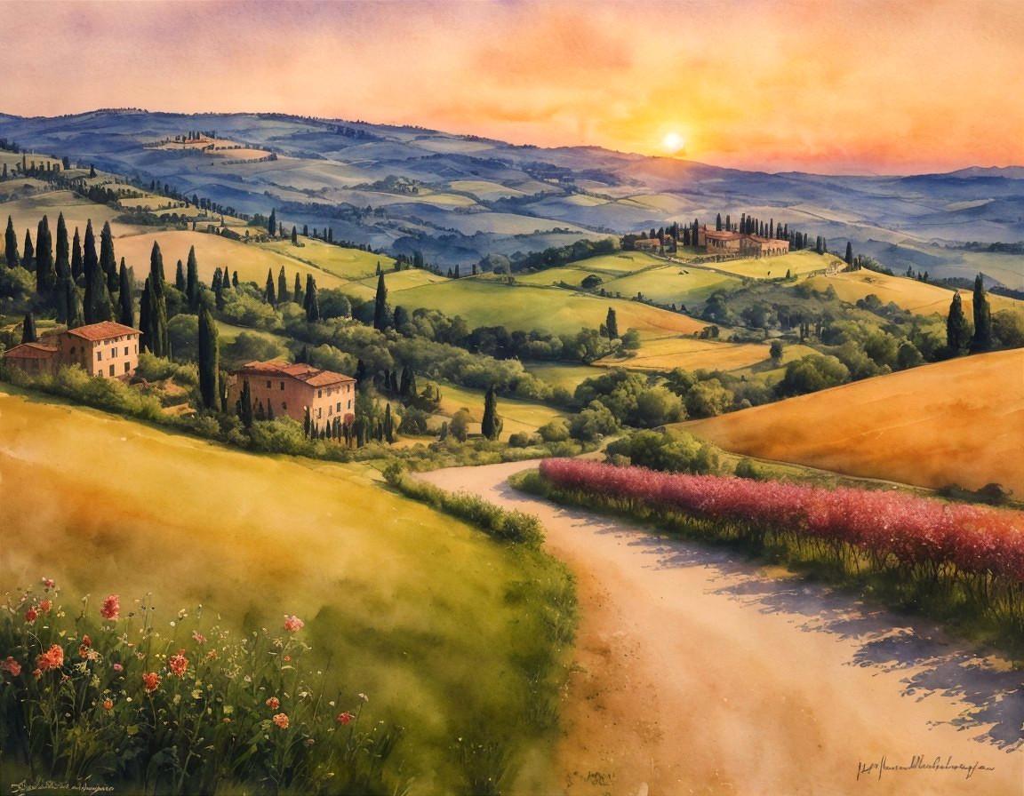 Enchanting Tuscany: Sunset Watercolor Beauty