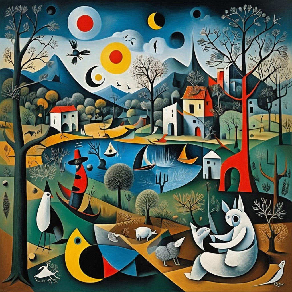 Whimsical Scene with Bold Colors and Dreamlike Elements