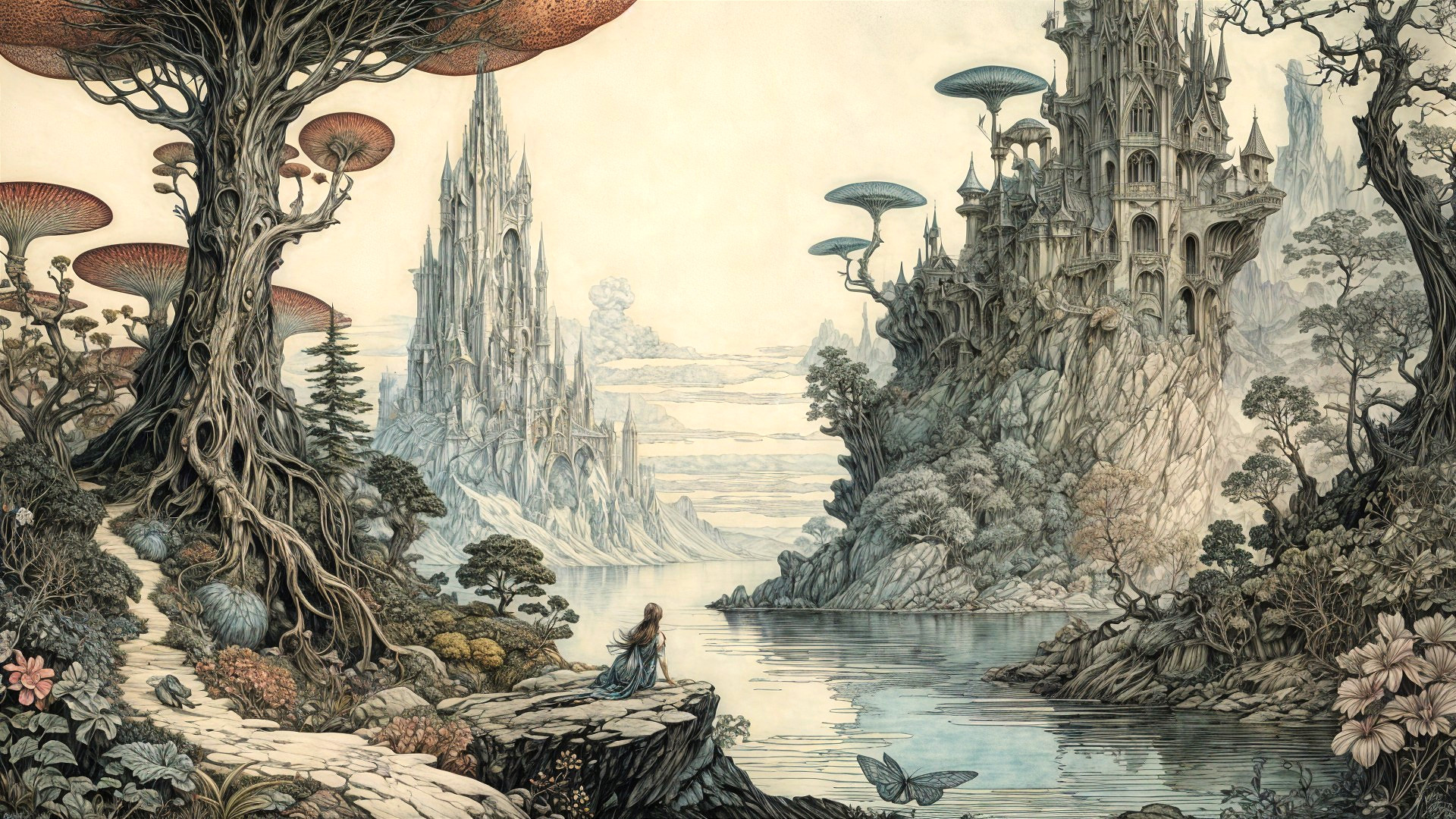 Fantastical Landscape with Castles and Surreal Nature