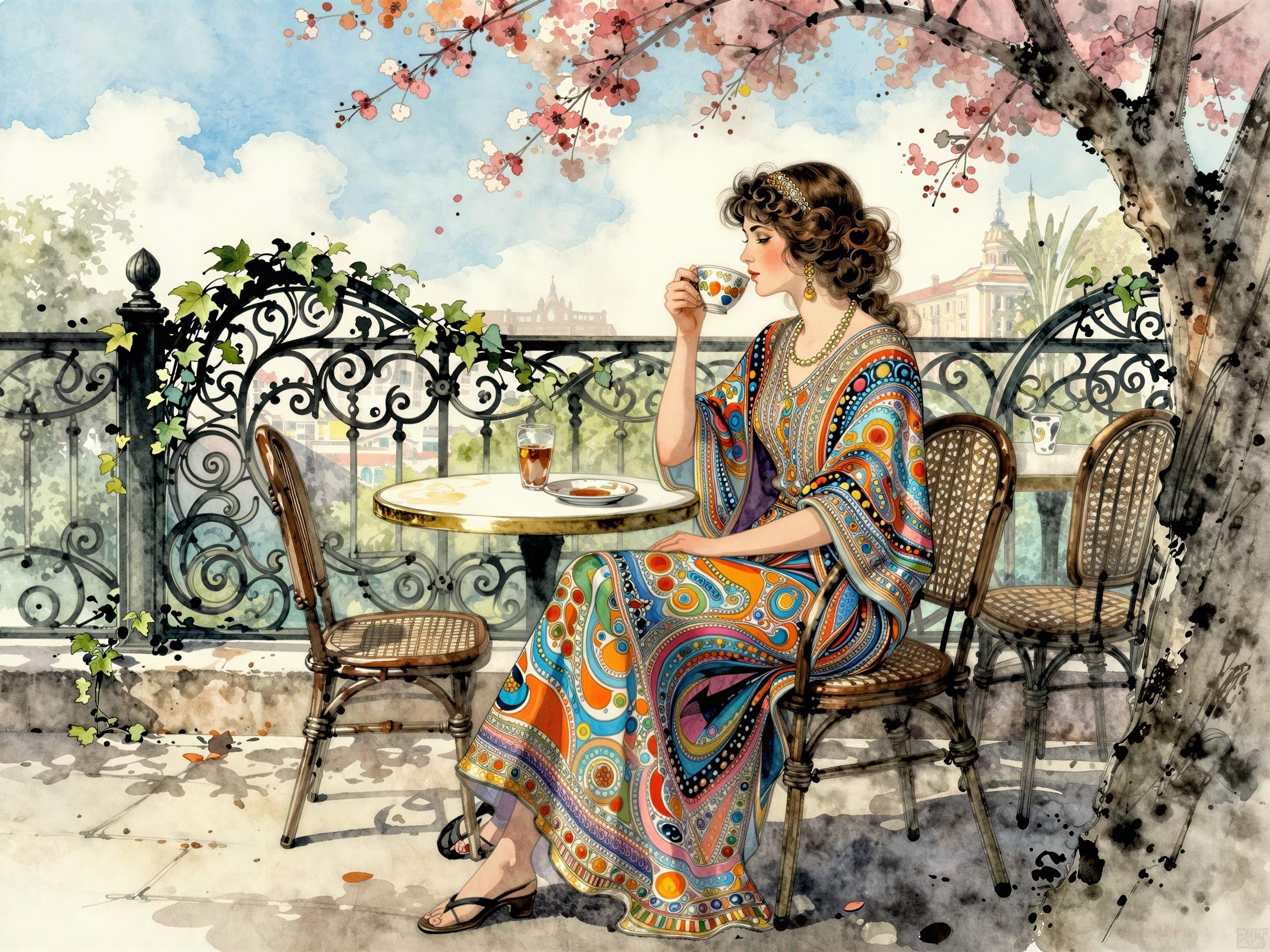 Dreamlike Watercolor of Lady on Balcony with Tea