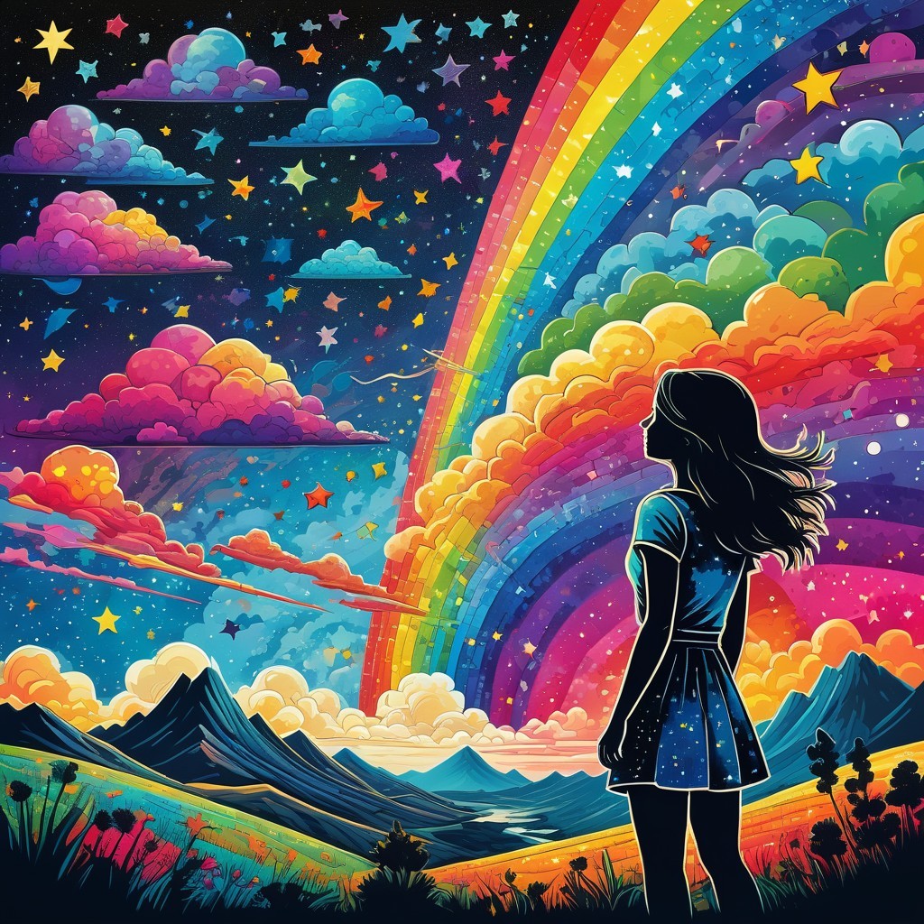 Vibrant Dreamlike Landscape with Silhouetted Figure