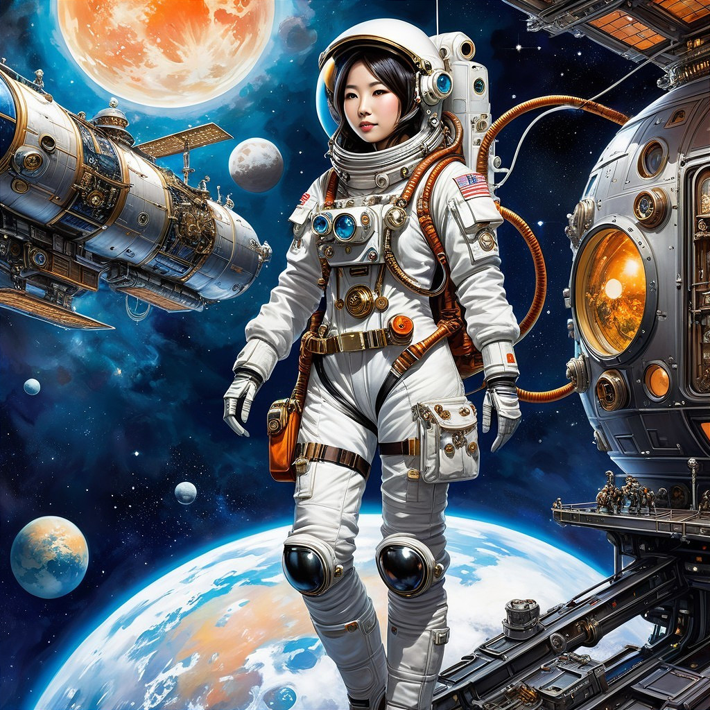 Female Astronaut in Space with Vibrant Celestial Background