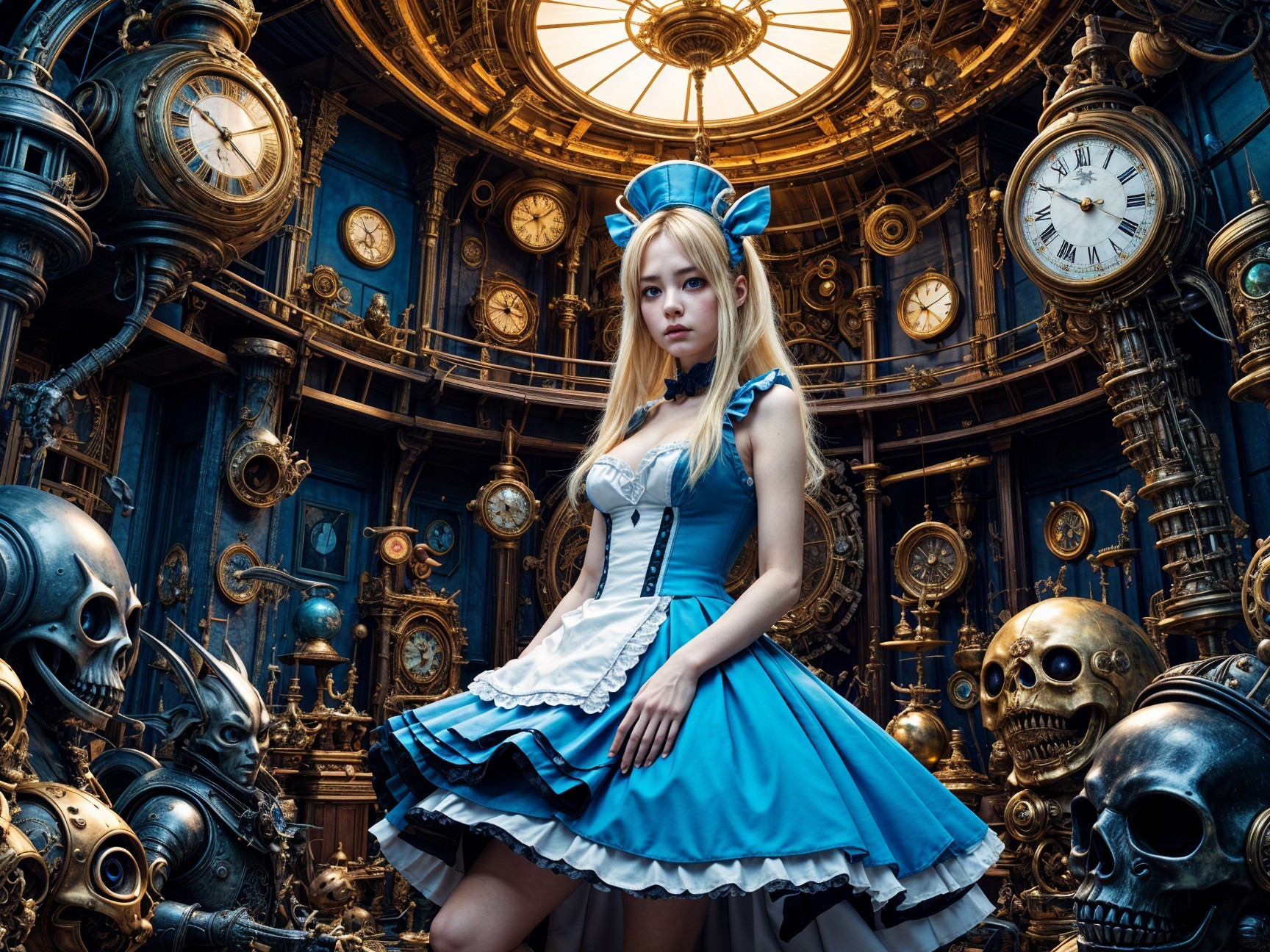 Steampunk Room with Young Woman in Blue Dress