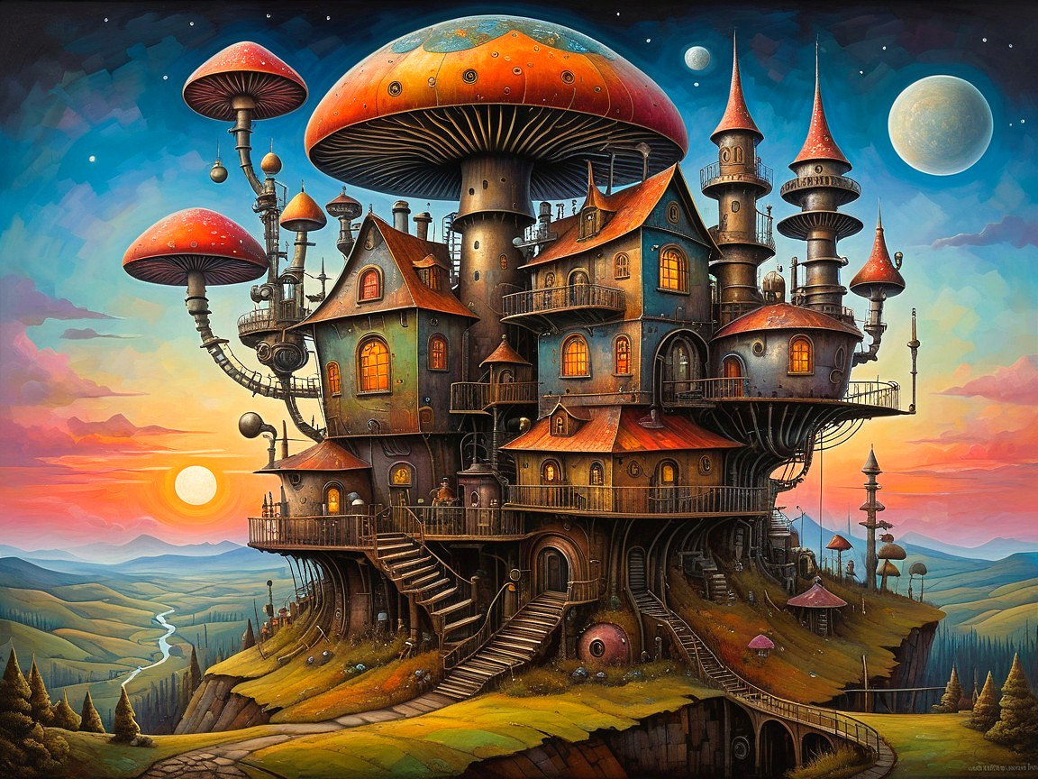 Vibrant Castle on a Hill Surrounded by Colorful Mushrooms