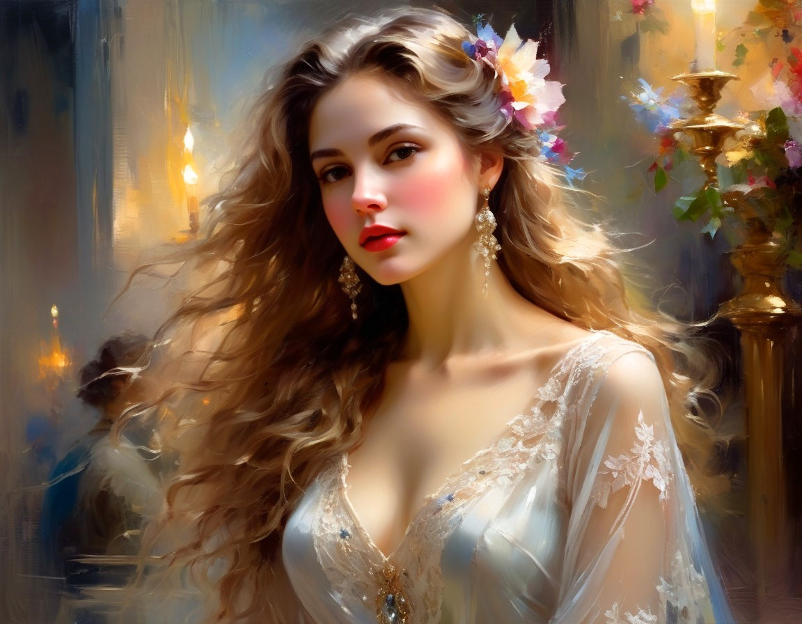 Young woman in gown with flowers and candlelight backdrop