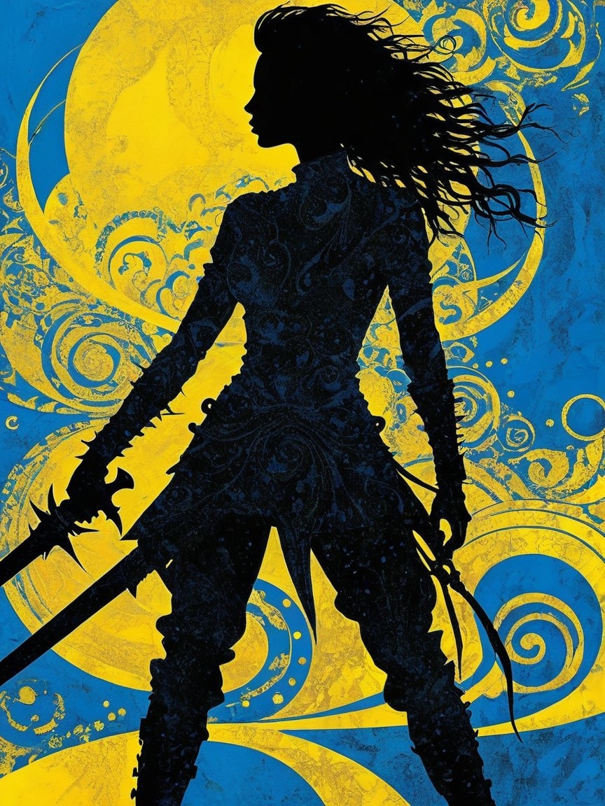 Silhouette of a female warrior with two swords