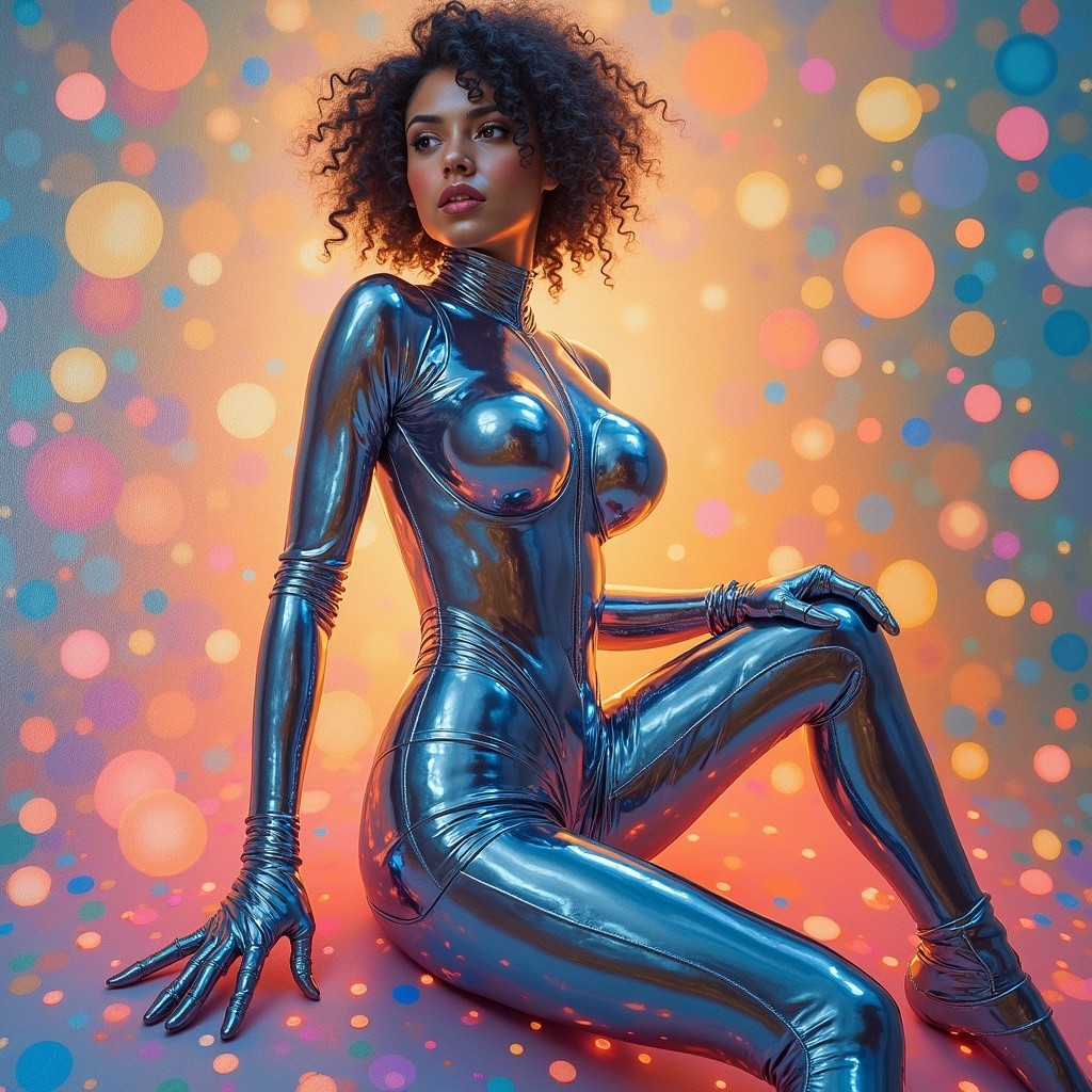 Graceful figure in metallic bodysuit against polka dots