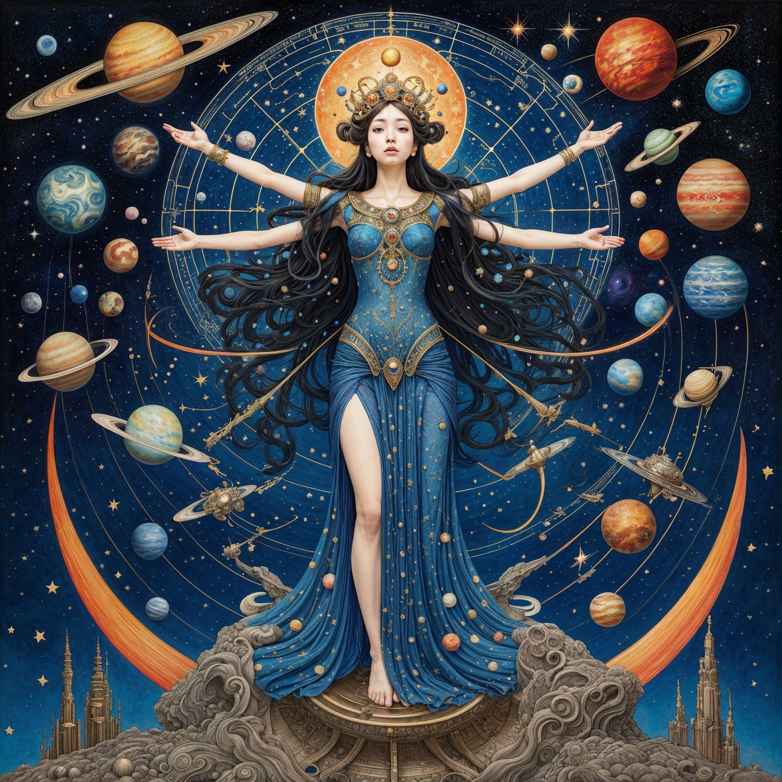 Celestial Figure in Sparkling Blue Gown Amidst Cosmos