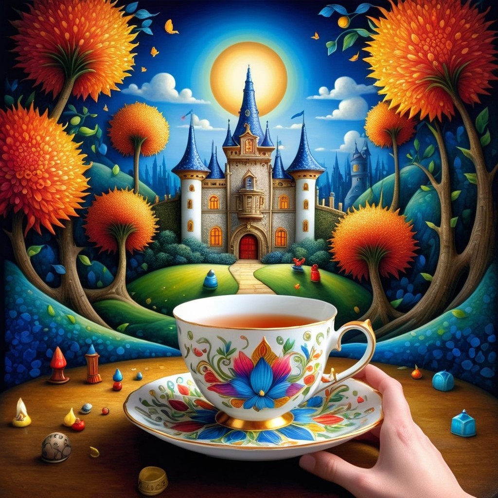 Whimsical Castle and Teacup in a Fantasy Landscape