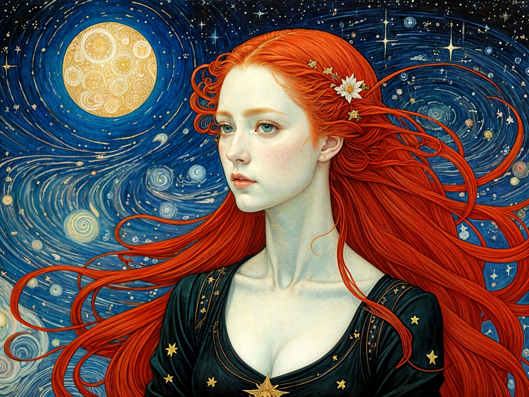 Portrait of a Young Woman with Red Hair in Cosmos