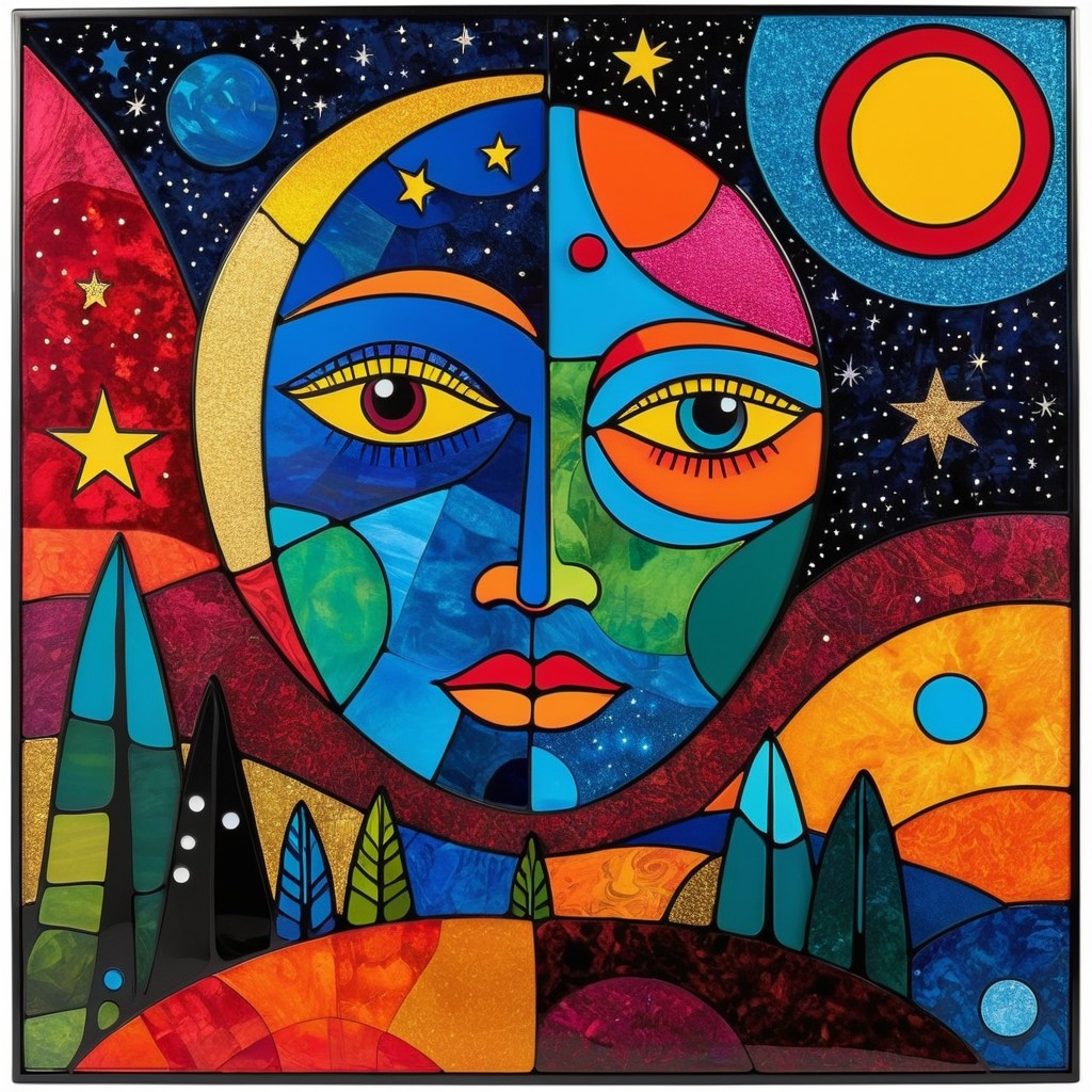 Abstract Celestial Scene with Moon and Sun Elements
