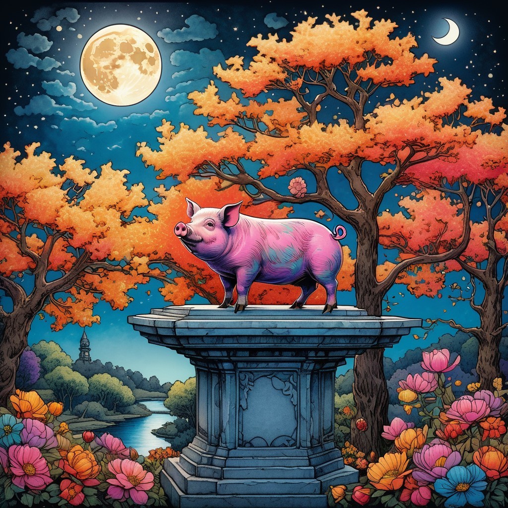 Vibrant Pink Pig on Pedestal with Autumn Trees and Moon